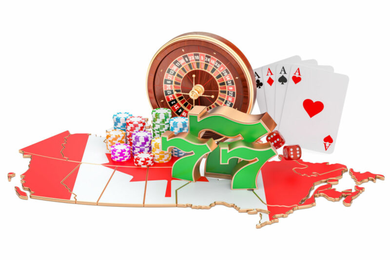 Playing cards and other casino-themed products along with a the Canadian flag